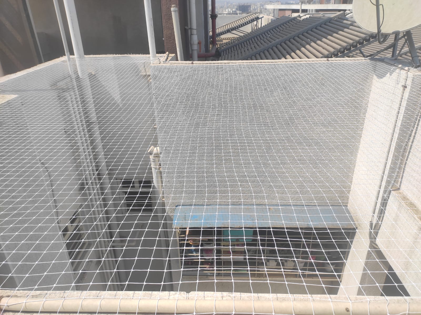 White common area bird net installed between building walls